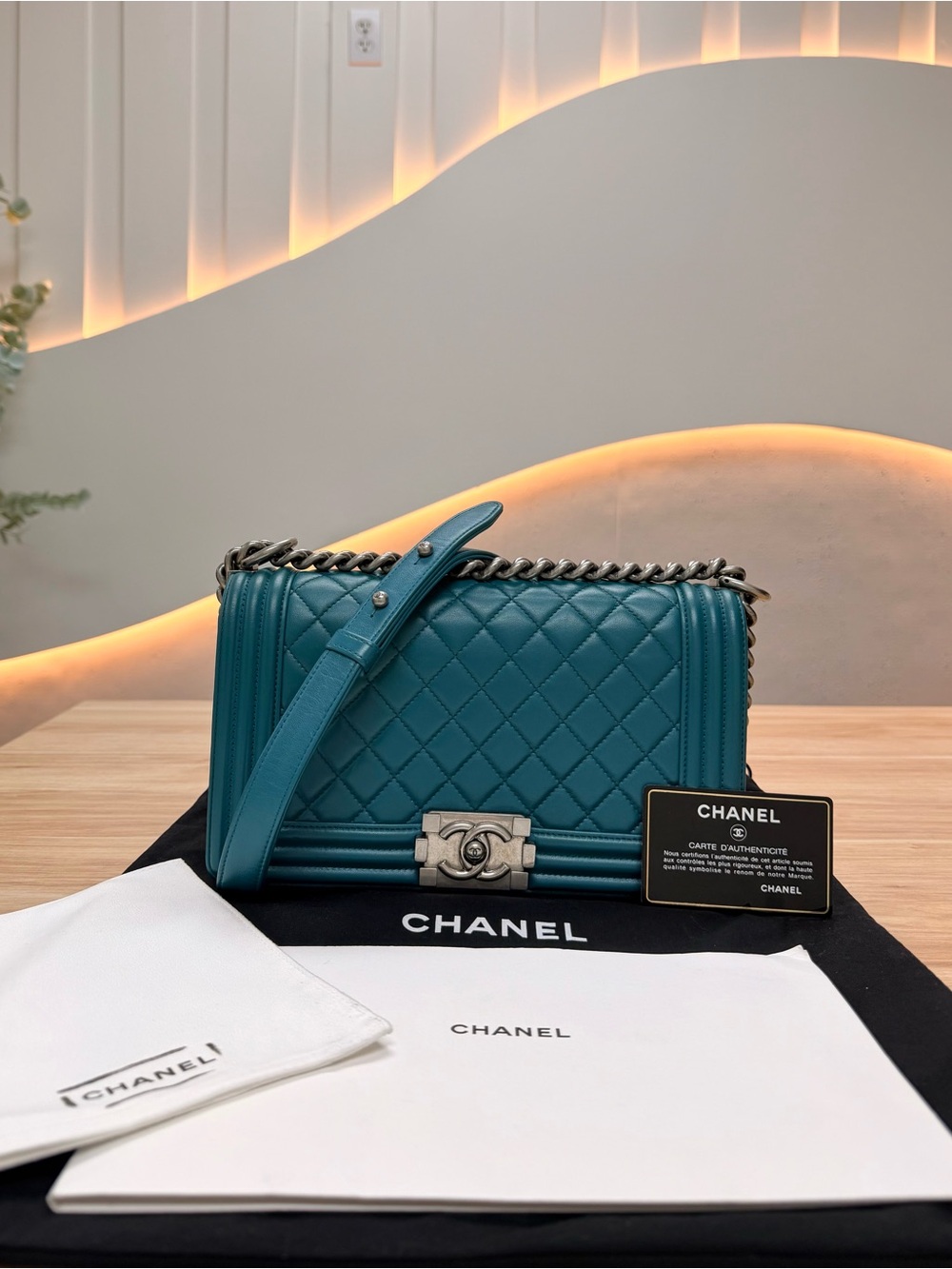 CHANEL Teal Quilted Leather Boy Bag with Chain Strap